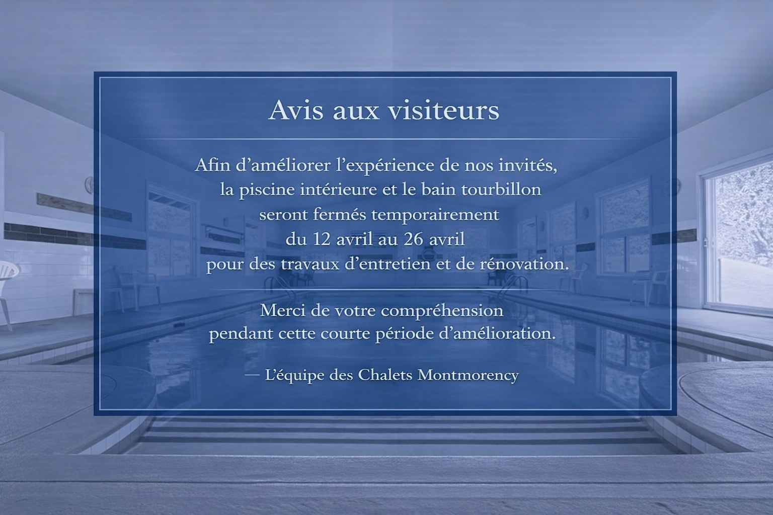 Pop up avis de fermeture temporaire piscine et bain tourbillon